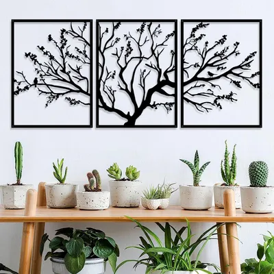 Metall Wanddekor Baum des Lebens, 3 Paneele, 135x60 cm, schwarz
