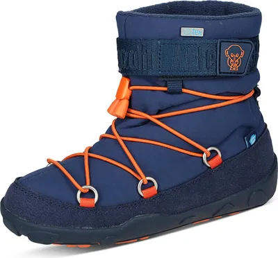 A single blue winter boot with orange laces and accents, shown against a white background.