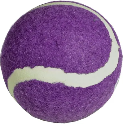 A single purple tennis ball with a light green stripe, isolated on a white background.