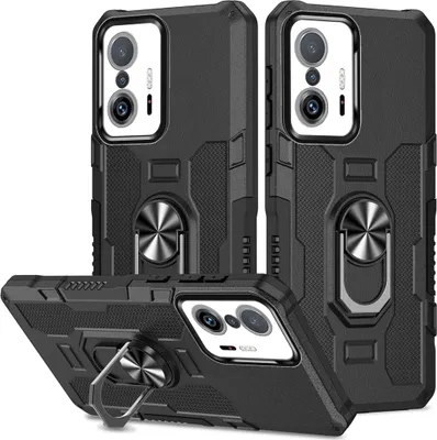 Produktbild von Xiaomi 11T Pro Hülle, Dual Layer Robuste Rüstung Ringhalter Ständer Schutzhülle für Xiaomi 11T / 11T Pro Schwarz