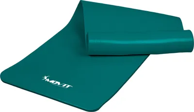 A teal yoga mat is partially unrolled on a white background.