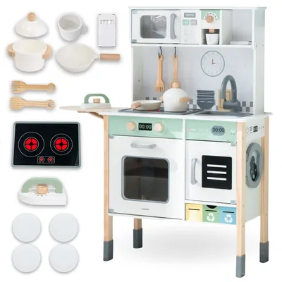 Produktbild von Mamabrum Interaktive Kinderküche aus Holz mit Waschmaschine, Spülmaschine, Tafel & Zubehör – höhenverstellbar, ab 3 Jahren
