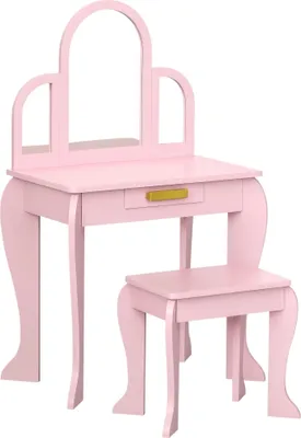 Produktbild von HOMCOM Kinderschminktisch mit Hocker, 3 Spiegeln und Schublade, Schminkmöbel aus Holz für Mädchen von 3 bis 6 Jahren – 52 x 32 x 85 cm – Rosa
