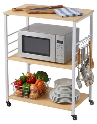 Immagine prodotto di Carrello da cucina Relaxdays, 3 ripiani, 6 ganci a S, A x L x P: 89 x 60 x 40 cm, MDF e acciaio, cucina, carrello di servizio, naturale/bianco