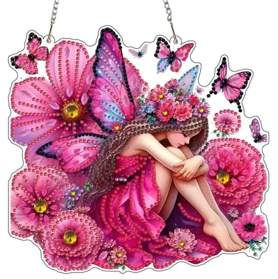 Produktbild von Diamond Painting Anhänger mit Kette Rosa Fee 20x20CM Bastelset Fensterbild Hängend