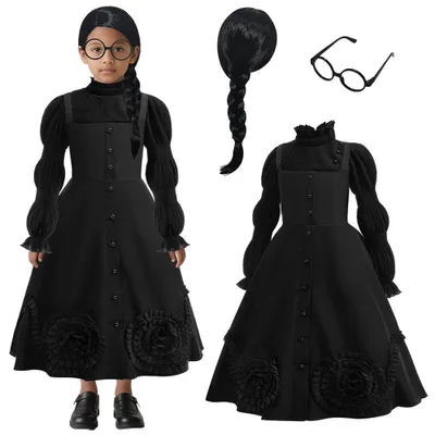 Hexenkostüm für Mädchen, schwarz, mit Perücke und Brille, 4-12 Jahre