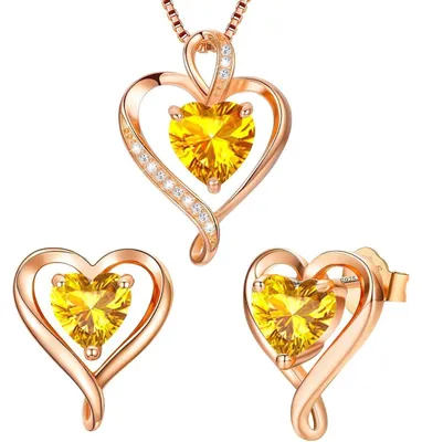 Immagine prodotto di Set di gioielli da donna: collana e orecchini a forma di cuore, con zirconi, in argento 925 placcato oro rosa, ideale come regalo