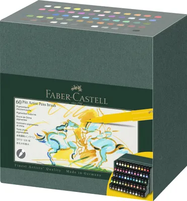 A box of Faber-Castell Pitt Artist Pens, showing the packaging and a sample of the pens.