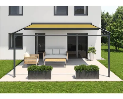 Produktbild von SOLUNA Pergola mit Stoffdach 5x4 Stoff Dessin S1468 Gestell RAL 7016 anthrazitgrau Antrieb Links inkl. Motor, Wandschalt
