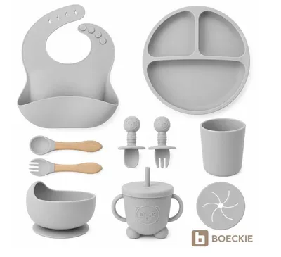 Produktbild von BOECKIE Silikon Babygeschirr Set 9-teilig mit Saugnapf BPA-frei Grau