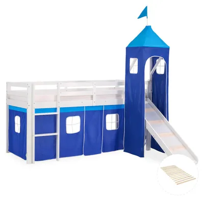 Image de Homestyle4u Lit mezzanine 90x200 avec tour et toboggan, sommier à lattes, rideau bleu, lit pour garçon, lit d'enfant blanc, bois de pin massif, lit pour adolescent, lit ludique