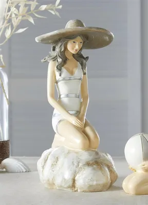 Produktbild von Dekofigur "Stranddame auf Fels", maritim, aus Polyresin, nostalgische Strandfigur, Badenixe, Outdoor Gartendeko