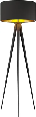A black tripod floor lamp with a gold interior lampshade.