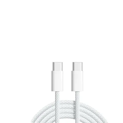 A white USB-C to USB-C charging cable with braided texture is shown against a white background.