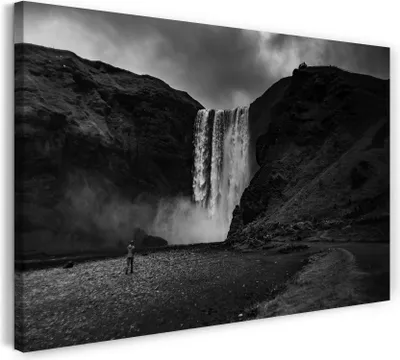 Produktbild von Leinwandbild (100x70cm): Wasserfall Fotografie Natur-Bilder schwarz-weiß black-white landscape, echter Holz-Keilrahmen inkl. Aufhänger, handgefertigt in Deutschland