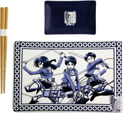 A set of ceramic dishes and chopsticks featuring characters from Attack on Titan.