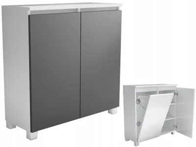 Zdjęcie produktu dla komoda łazienkowa 80 80cm z koszem półkami biała szary mat stojąca wisząca