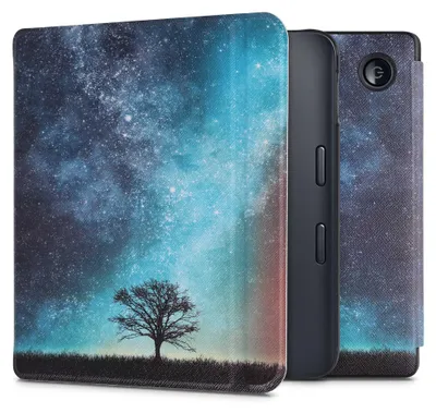 Produktbild von kwmobile Schutzhülle für Kobo Libra 2 Hülle - eReader Flip Case mit Auto Sleep Funktion - Galaxie Baum Wiese mit Blau Grau Schwarz