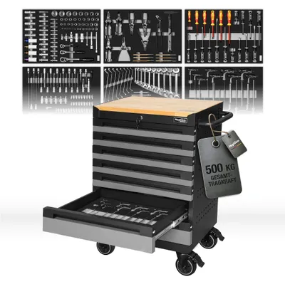 Produktbild von Mephisto Werkstattwagen „MONO“ Industrial Line mit 7 Schubladen und 266-teiligem Werkzeugsatz inkl. Holzabdeckung