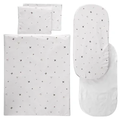 Image de Ensemble de literie pour poussette Lorelli, 5 pièces : couverture (78 x 62 cm), coussin (35 x 25 cm), drap beige et blanc