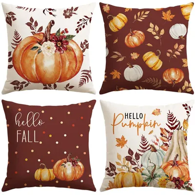 Kissenbezüge 40x40 cm, 4er-Set, Herbstdeko Kürbis und Blatt
