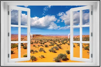 Produktbild von Wallario Wandbild mit Fenster-Illusion: Wüste in Arizona - blauer Himmel mit Wolken I, Größe: 61 x 91,5 cm, Poster mit schwarzem Aluminiumrahmen