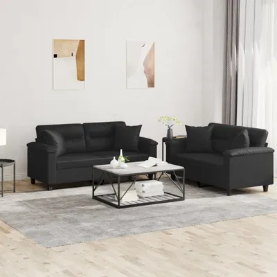 Produktbild von ZMH 2-tlg. Sofagarnitur mit Kissen Schwarz Kunstleder