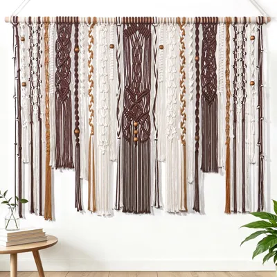Produktbild von Makramee Wandbehang Wandteppich Boho - 98 x 75 cm - Elfenbeinbraun - Handgewebt - Für Schlafzimmer und Wohnzimmer