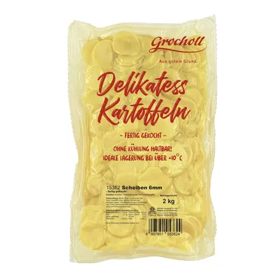 A package of sliced, pre-cooked potatoes.