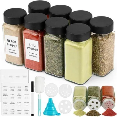 Produktbild von Famanu Gewürzgläser Set 8 Stück, 120ml mit Etiketten und Streuaufsätzen - Schwarz