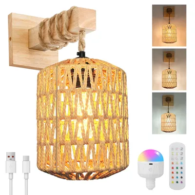 Produktbild von Wandleuchte E27 Vintage Boho Wandlampe Rattan Lampenschirm Pendelleuchte mit LED RGB Aufladbare Glühbirne