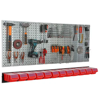 Produktbild von Werkzeugwand 156x72 cm Metall Lagersystem mit Werkzeughaltern Werkzeughaken und 12 Stapelboxen 120 x 200 x 90 mm Farbe: rot Lochbrett Werkstatt Garage Steckbrett Elektrowerkzeuge Lochwand