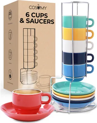 Produktbild von Espressotassen mit Ständer 6er Set inkl. Untertassen - Stapelbar - Spülmaschinenfest - Keramik Bunt - 75ml