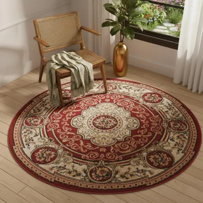 Produktbild von Tapiso Teppich ATLAS Rund orientalisch Blumen rot Wohnzimmer 140 x 140 cm