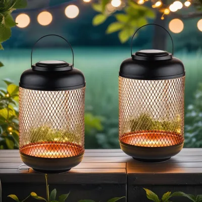 Produktbild von Marrakesch 2er Set Solarlaterne für außen mit Henkel aus Metall 32cm Groß | Skandinavische Outdoor Solar LED Laterne Digby Schwarz IP65 Wasserdicht als Gartendeko Deko