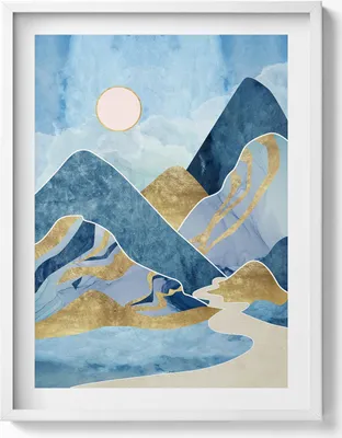 Produktbild von Abstrakte Landschaft mit Bergen und Sonnenschein– Wandbild mit Rahmen – Gerahmtes Bild  – Wanddekoration – 60x80 cm –  Weiß Rahmen
