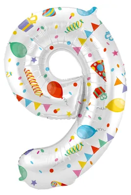 Folieballon Zahl 9, 86 cm, bunt, mit Geschenken, Helium geeignet