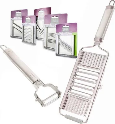 Immagine prodotto di Set completo con 4 vaschette per pelapatate - 5 inserti aggiuntivi - Acciaio inossidabile - Utensile multiuso per pelare