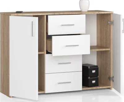 Produktbild von Kommode mit 4 Schubladen & 2 Türen, 110x80x35, Wohnzimmer, Eiche Sonoma / Weiß
