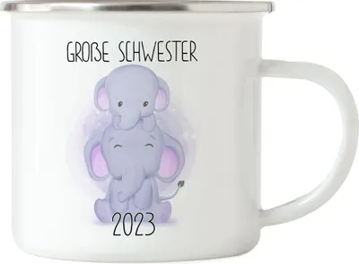 Produktbild von Große Schwester 2023 Emaille Tasse Geschwisterliebe Sister Elefant Geborgenheit Beschützer Welt Liebe Familie