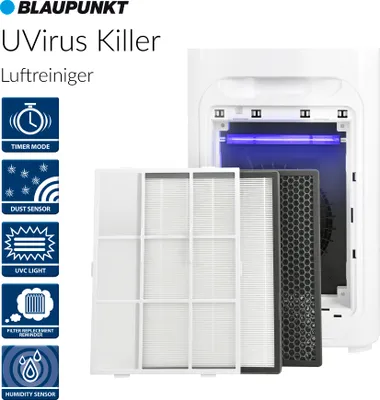Produktbild von Blaupunkt UVirusKiller - Luftreiniger neuster Technologie besonders effektiv gegen Bakterien & Viren - Photokatalytischer Aktivkohlen & HEPA H13-Filter UVC-Lampe Ionisator - WLAN App 370m3/h [A+]