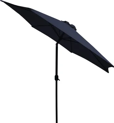 A dark blue umbrella is shown angled upwards against a white background.