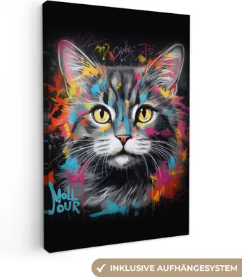 Produktbild von Leinwandbilder 40x60 cm - Graffiti - Katze - Tiere - Farben - Grau, Bilder Wohnzimmer Modern, Wanddeko
