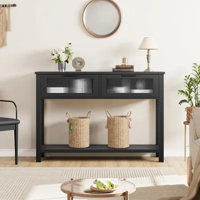 Immagine prodotto di Tavolino consolle stretto con 2 cassetti, dimensioni 120x38x80 cm, colore nero