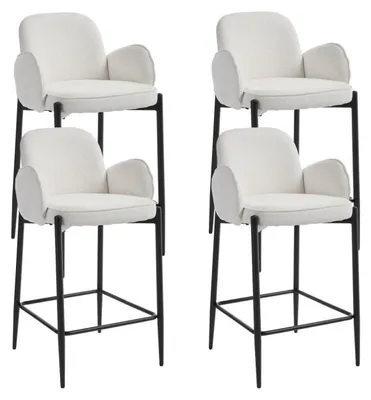 Image de Ensemble de 4 tabourets de bar, rembourrés en velours, avec accoudoirs et pieds en métal, de couleur blanche
