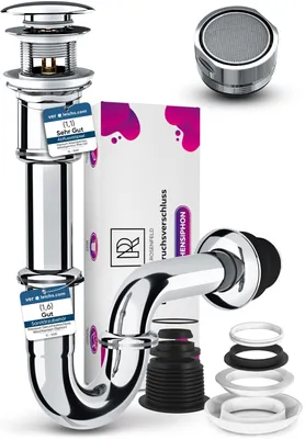 Produktbild von Röhrensiphon Waschbecken aus Messing + Chrom Ablaufgarnitur POP UP Ventil mit Überlauf + Strahlregler M24 Wassersparer mit Sieb - Alles Dabei