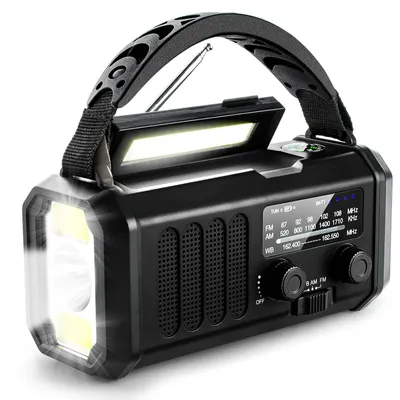 Image de Lampe torche LED AIORBER 10000 mAh avec panneau solaire et manivelle, radio d'urgence AM/FM/WB, alarme SOS, fonction powerbank, lampe de camping en plein air – Noir