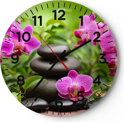 Produktbild von Wanduhr - Rund - Glasuhr - Blumen Steine Bambus Dekoration - 30x30cm - Schleichendes Uhrwerk - Lautlos - zum Aufhängen bereit - Dekoration Modern - Wanddekoration aus Glas - C4AR30x30-2687