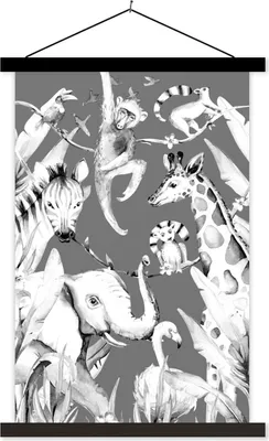 Produktbild von MuchoWow® Textilposter Aquarellieren - Tiere - Dschungel - Jungen - Blau - Kinder 40x60 cm mit schwarzem Rahmen - Wanddekorationen