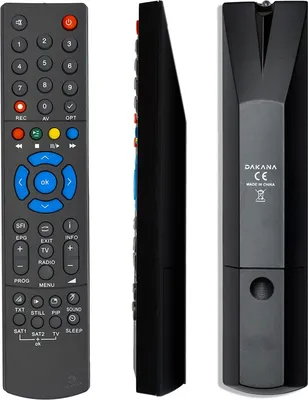 A collage of three views of a black remote control against a white background.